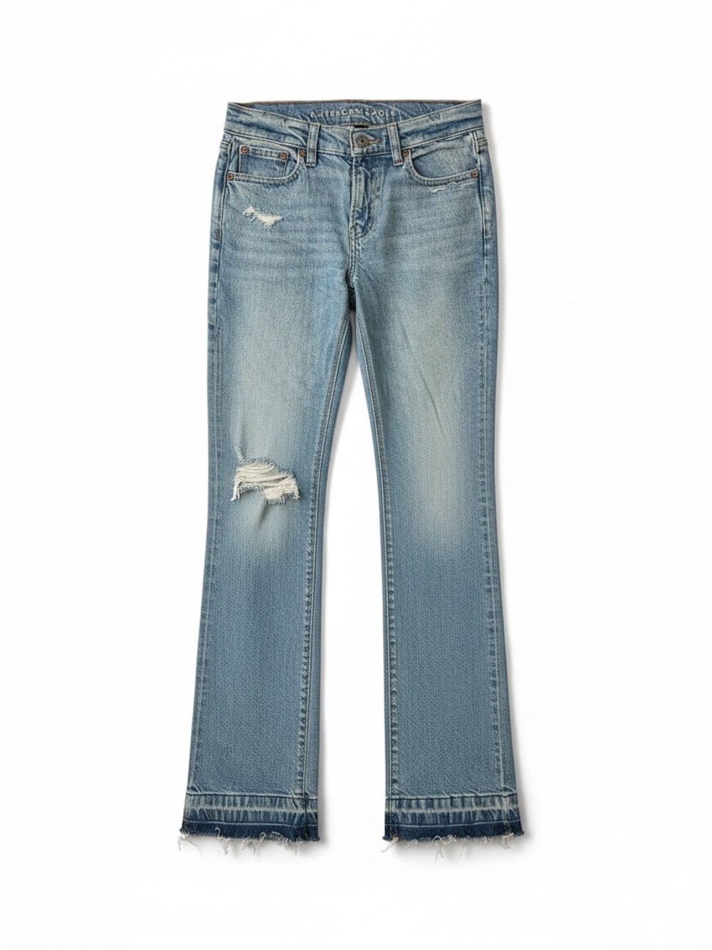 Sz 2 American Eagle 90s Low Rise Skinny Kick Flare Jeans Frayed Raw Hem
